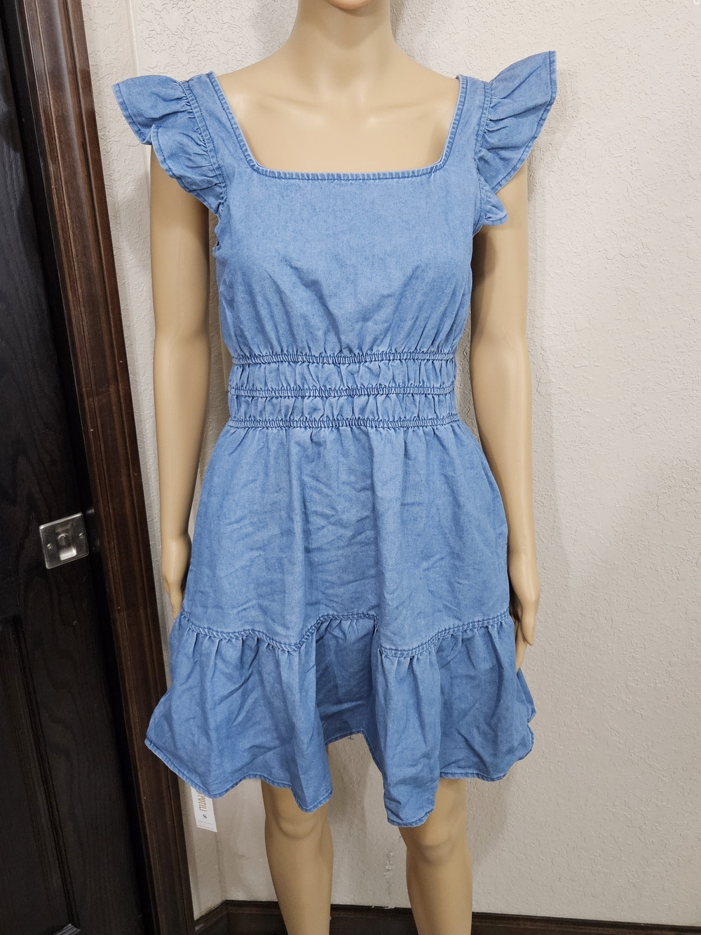 Blue Denim Ruffle Sleeve Smocked Waist Dress